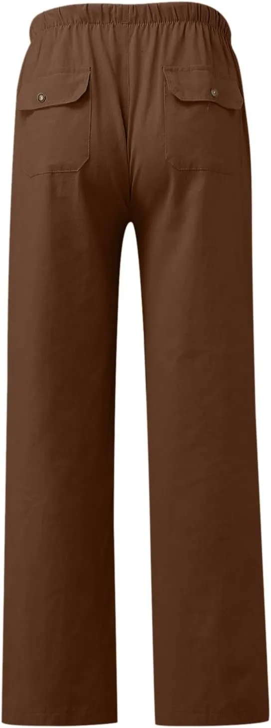 Linen Pants Women Summer Cropped Straight Leg Crop Pants Ladies Casual Long Loose Pant Slacks Women's Wide Leg Linen