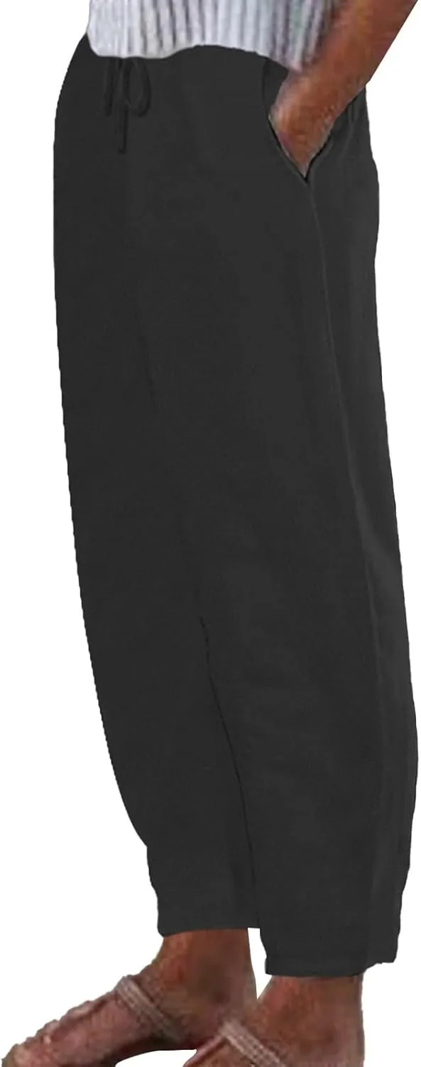 Linen Pants Women Tapered Pant Drawstring Lounge Trousers with Pocket High Waist Pants Beach Wear Summer Clothes