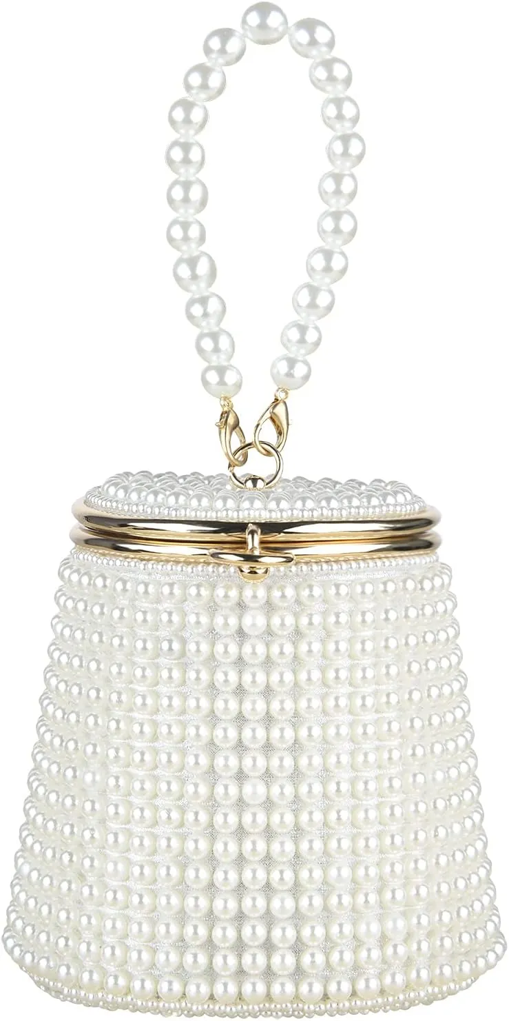 Linkidea Women Beaded Pearl Purse, Mini Evening Clutch Bag, Small Lady Party Prom Wedding Handmade Handle Handbag