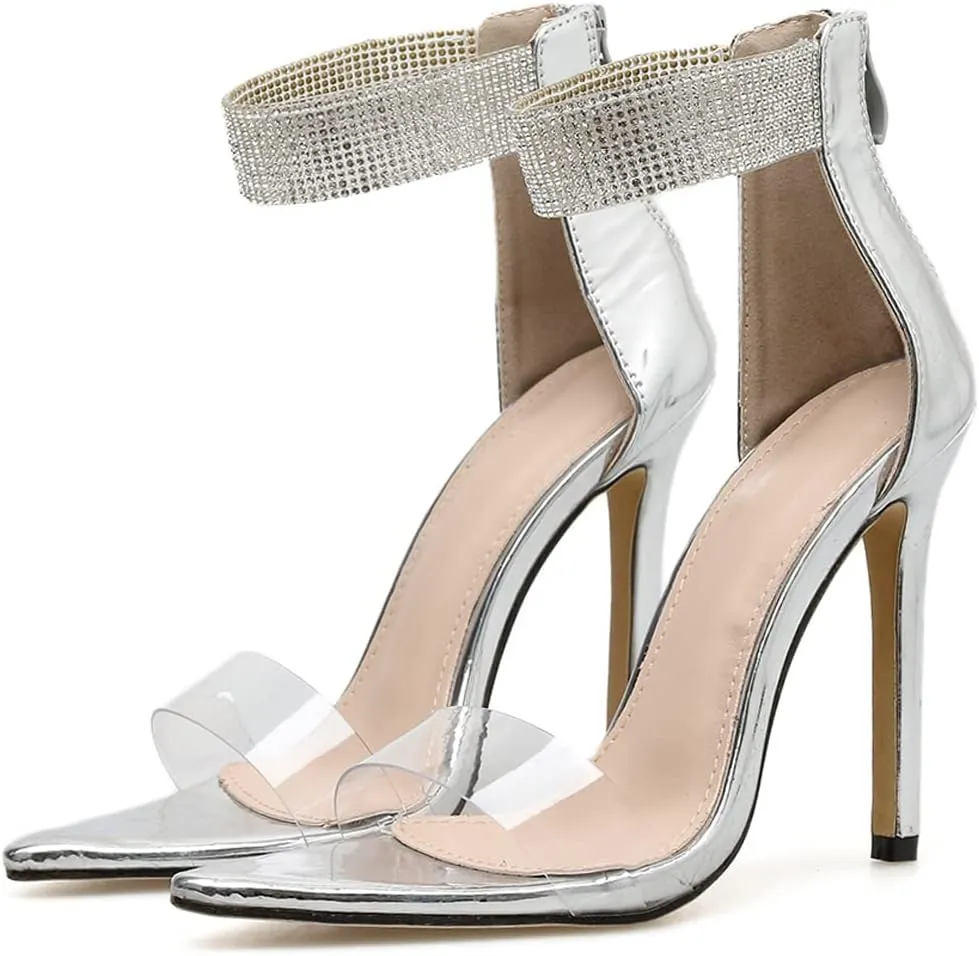 LizFoYa Women Chic Pointed Toe Sandal High Heels Girls Transparent Lucite Strap Evening Party Club Dance Stiletto Heels