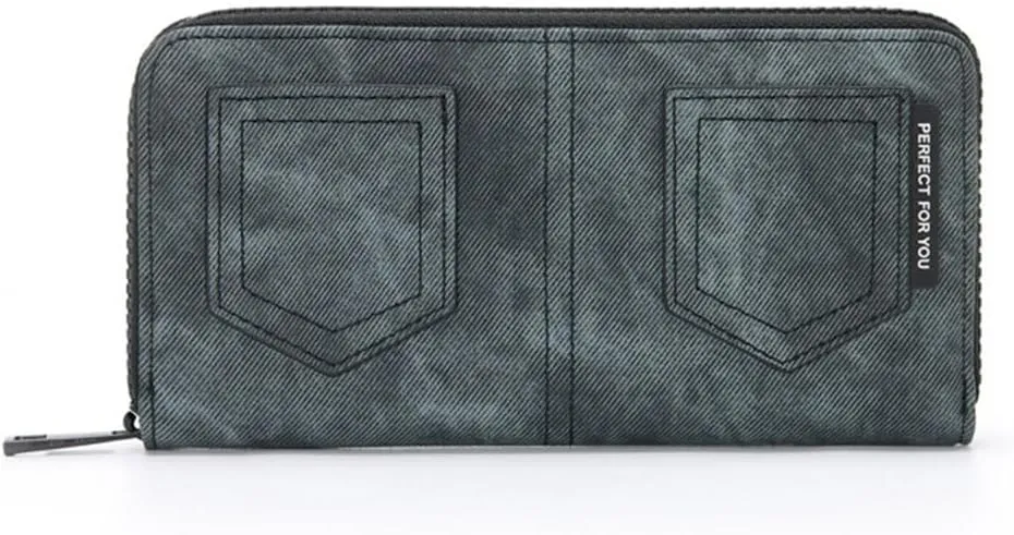 Long Wristlet Wallet For Men and Women, PU Leather Clutch with Phone Holder and Zipper Pocket, Denim Texture Purse