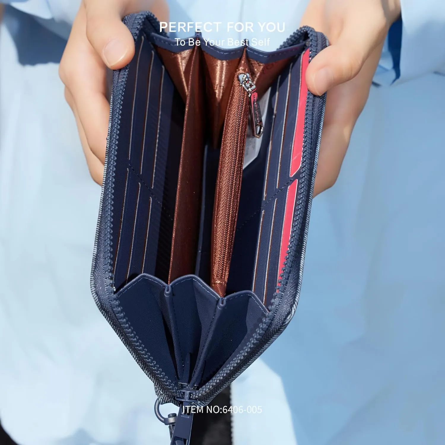 Long Wristlet Wallet For Men and Women, PU Leather Clutch with Phone Holder and Zipper Pocket, Denim Texture Purse