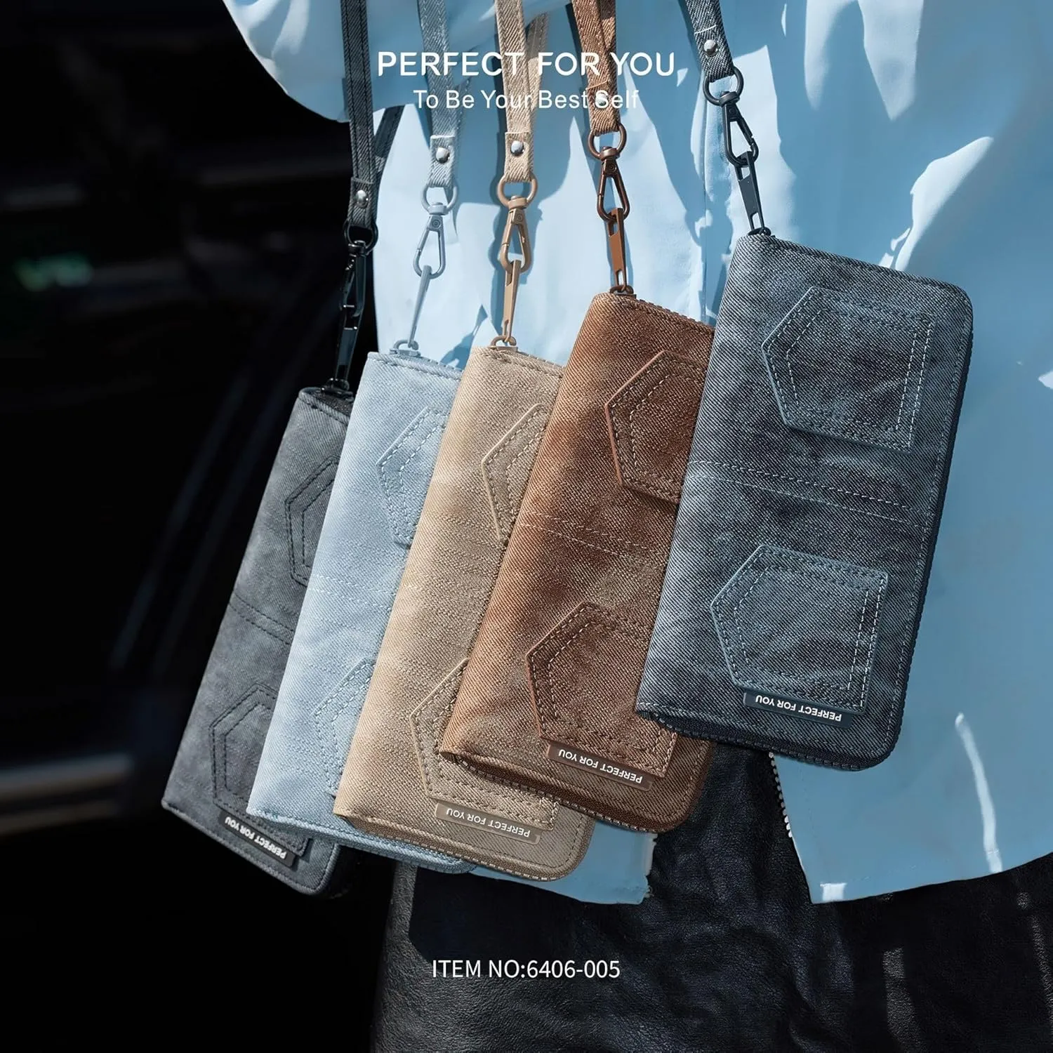 Long Wristlet Wallet For Men and Women, PU Leather Clutch with Phone Holder and Zipper Pocket, Denim Texture Purse