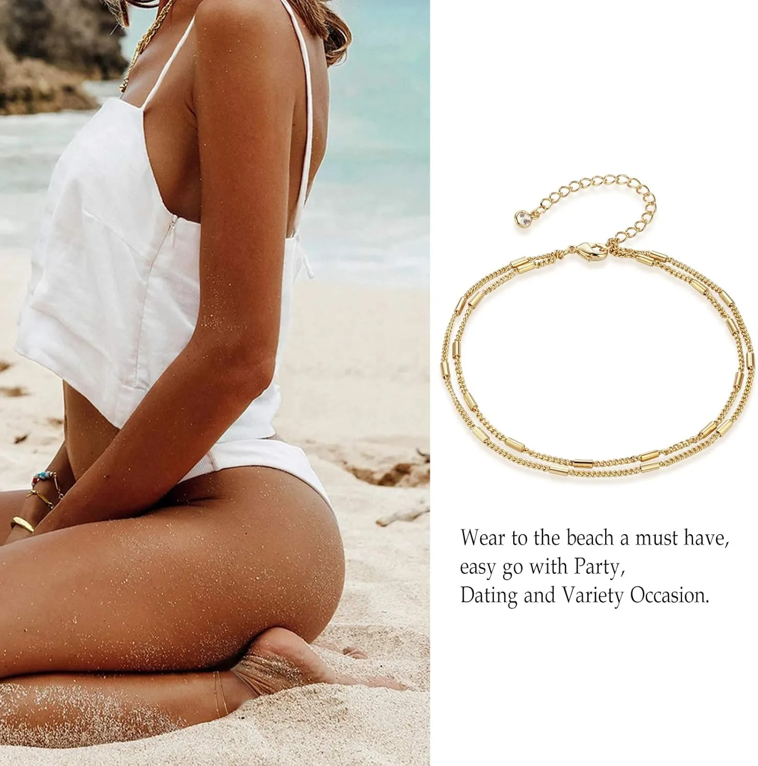 LOYATA Dainty Ankle Bracelet,14K Gold Plated Tiny Bead Anklet Dainty White Cubic Zirconia Cross Tassel Foot Chain Cute Lucky Moon Evil Eye Foot Jewelry Boho Anklets for Women