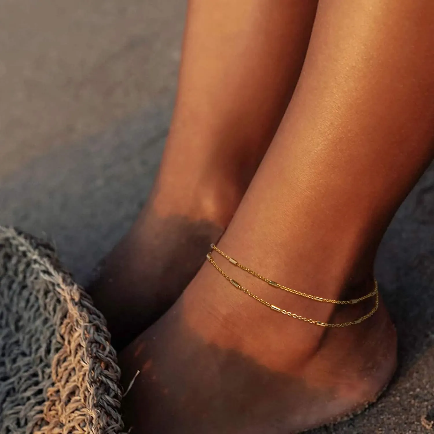 LOYATA Dainty Ankle Bracelet,14K Gold Plated Tiny Bead Anklet Dainty White Cubic Zirconia Cross Tassel Foot Chain Cute Lucky Moon Evil Eye Foot Jewelry Boho Anklets for Women