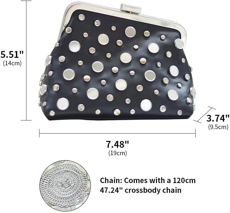 Luxury Women's Evening Clutch Bag Punk Wedding Purse Rivets Coin Crossbody Shoulder Purse with Detachable Chain Party