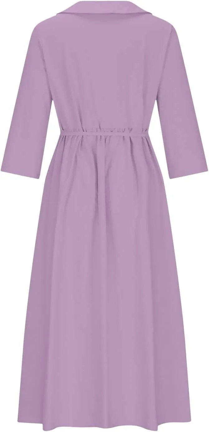 maisdgop Maxi Dresses for Women 2025 Casual Boho Solid Color Cotton Linen Lace up Sundress Fashion Lapel Neck Flowy Dress