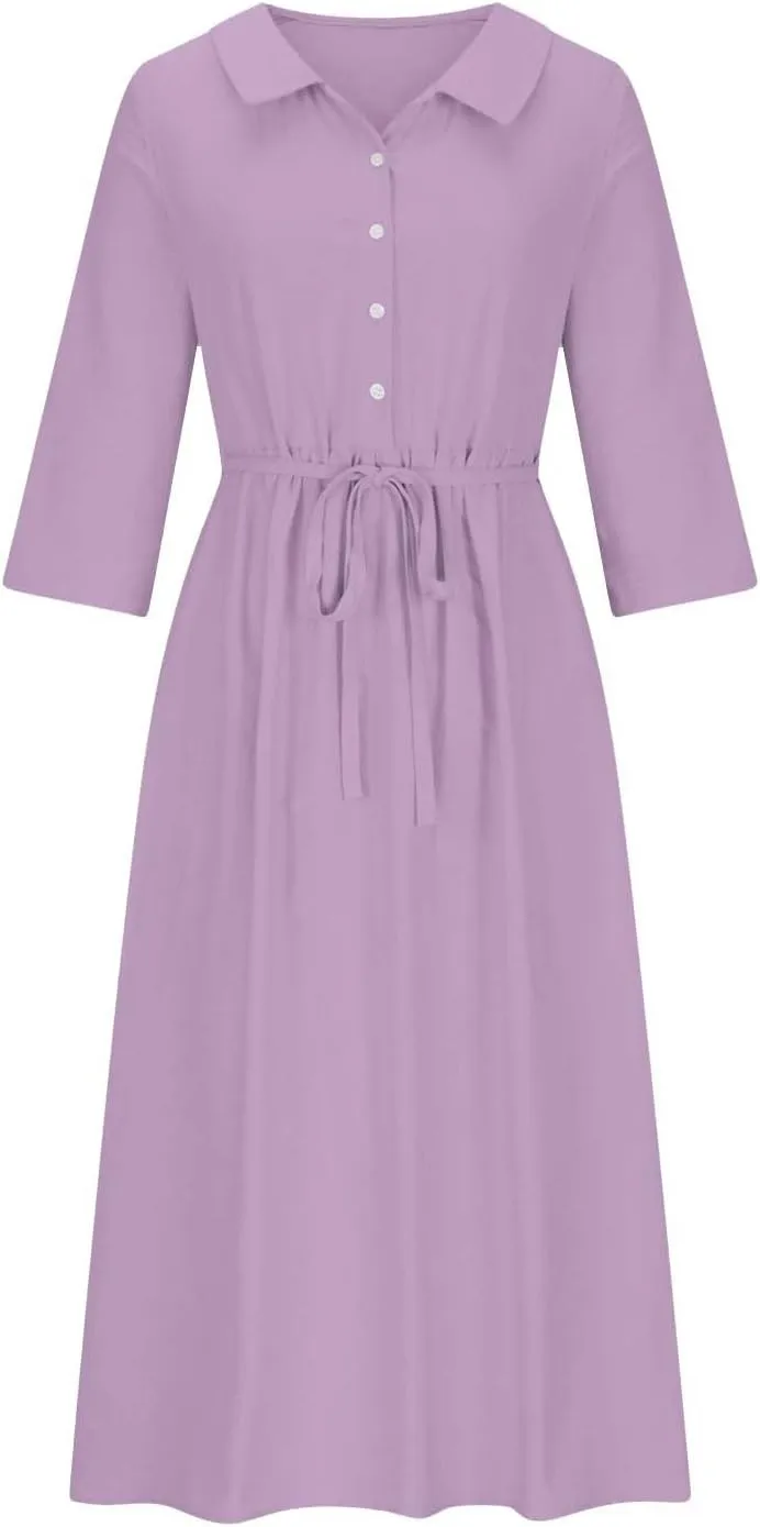 maisdgop Maxi Dresses for Women 2025 Casual Boho Solid Color Cotton Linen Lace up Sundress Fashion Lapel Neck Flowy Dress
