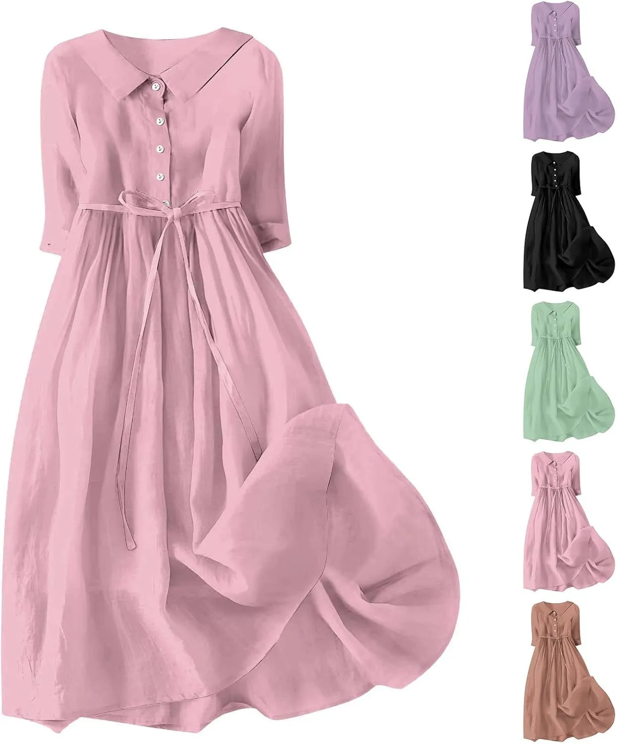 maisdgop Maxi Dresses for Women 2025 Casual Boho Solid Color Cotton Linen Lace up Sundress Fashion Lapel Neck Flowy Dress