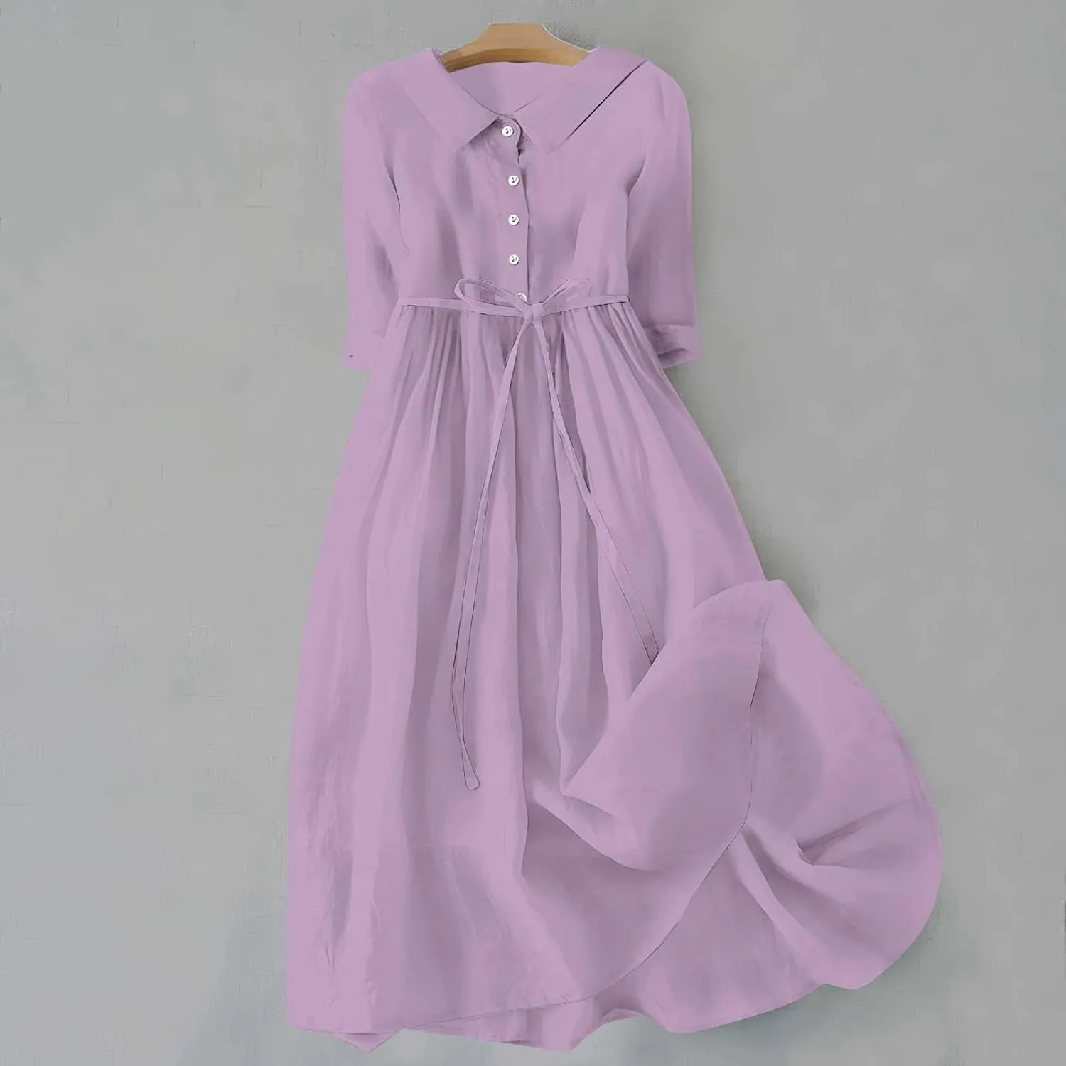 maisdgop Maxi Dresses for Women 2025 Casual Boho Solid Color Cotton Linen Lace up Sundress Fashion Lapel Neck Flowy Dress