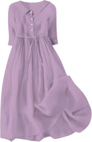 maisdgop Maxi Dresses for Women 2025 Casual Boho Solid Color Cotton Linen Lace up Sundress Fashion Lapel Neck Flowy Dress