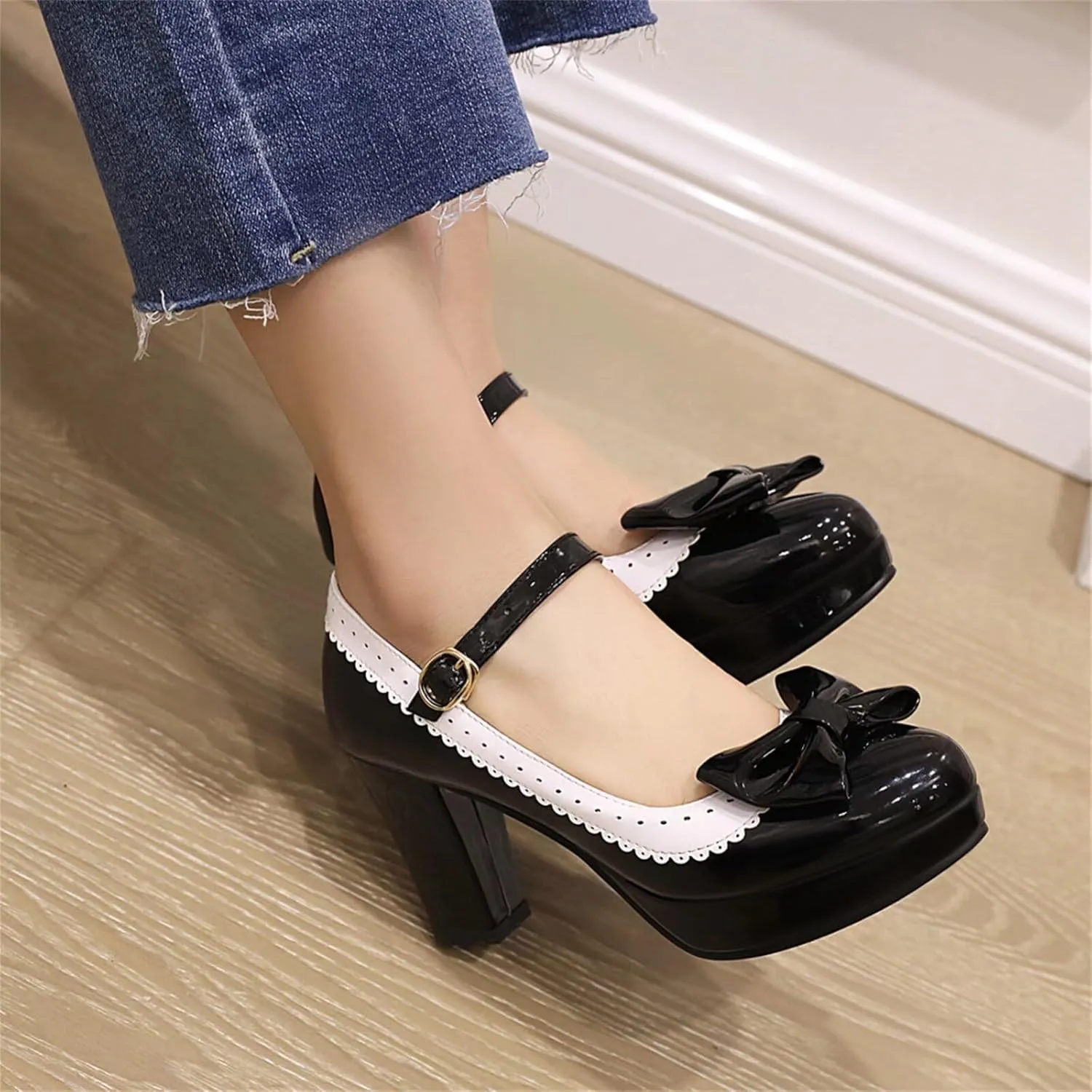 Mary Jane Heels for Women Bow Lolita Platform High Heels Kawaii Shoes Dress Round Toe Pumps