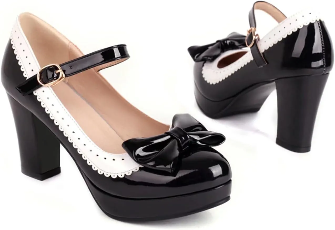 Mary Jane Heels for Women Bow Lolita Platform High Heels Kawaii Shoes Dress Round Toe Pumps