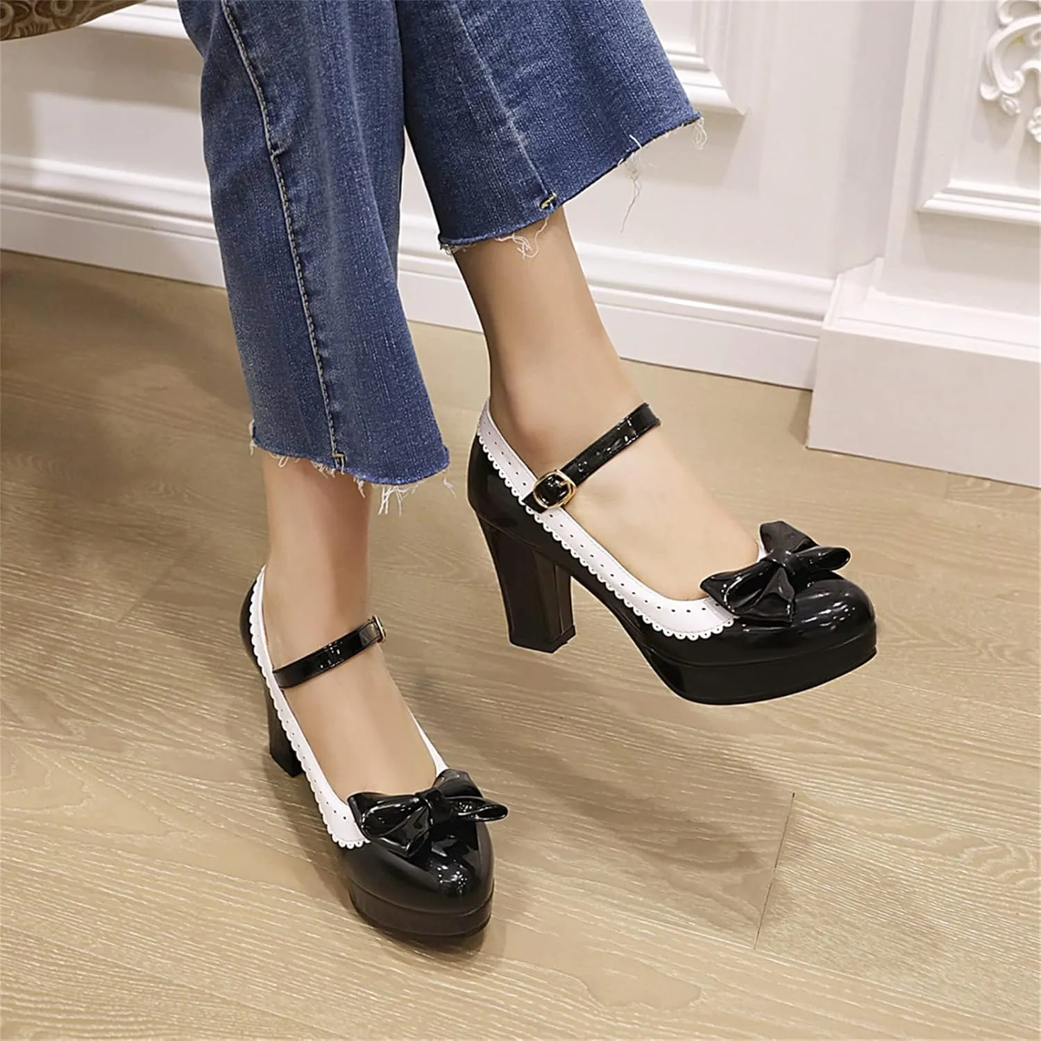 Mary Jane Heels for Women Bow Lolita Platform High Heels Kawaii Shoes Dress Round Toe Pumps