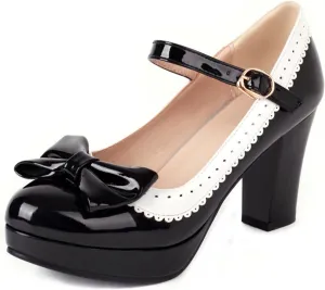Mary Jane Heels for Women Bow Lolita Platform High Heels Kawaii Shoes Dress Round Toe Pumps
