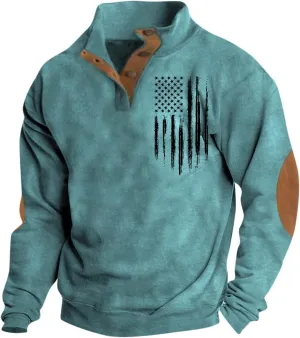Men's American Flag Graphic Sweatshirts Button Stand Collar Long Sleeve Patriotic Pullover, S-3XL