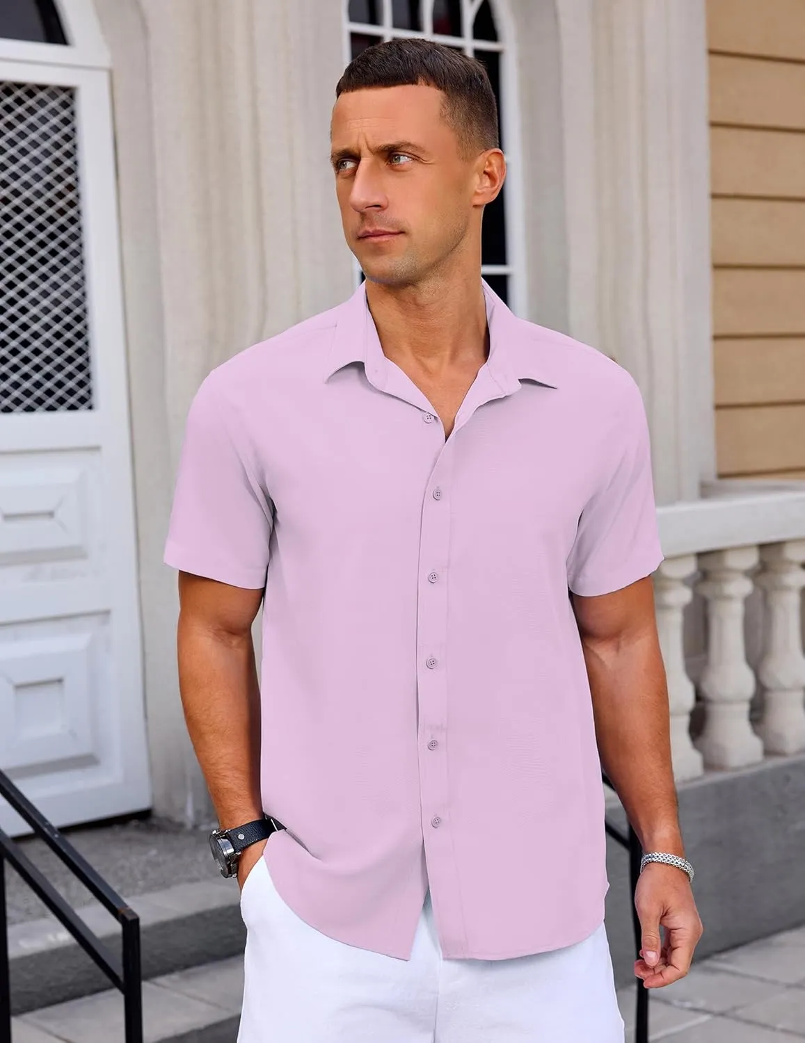 Mens Button Down Short Sleeve Shirt Casual Summer Wedding Untucked Dress Shirts