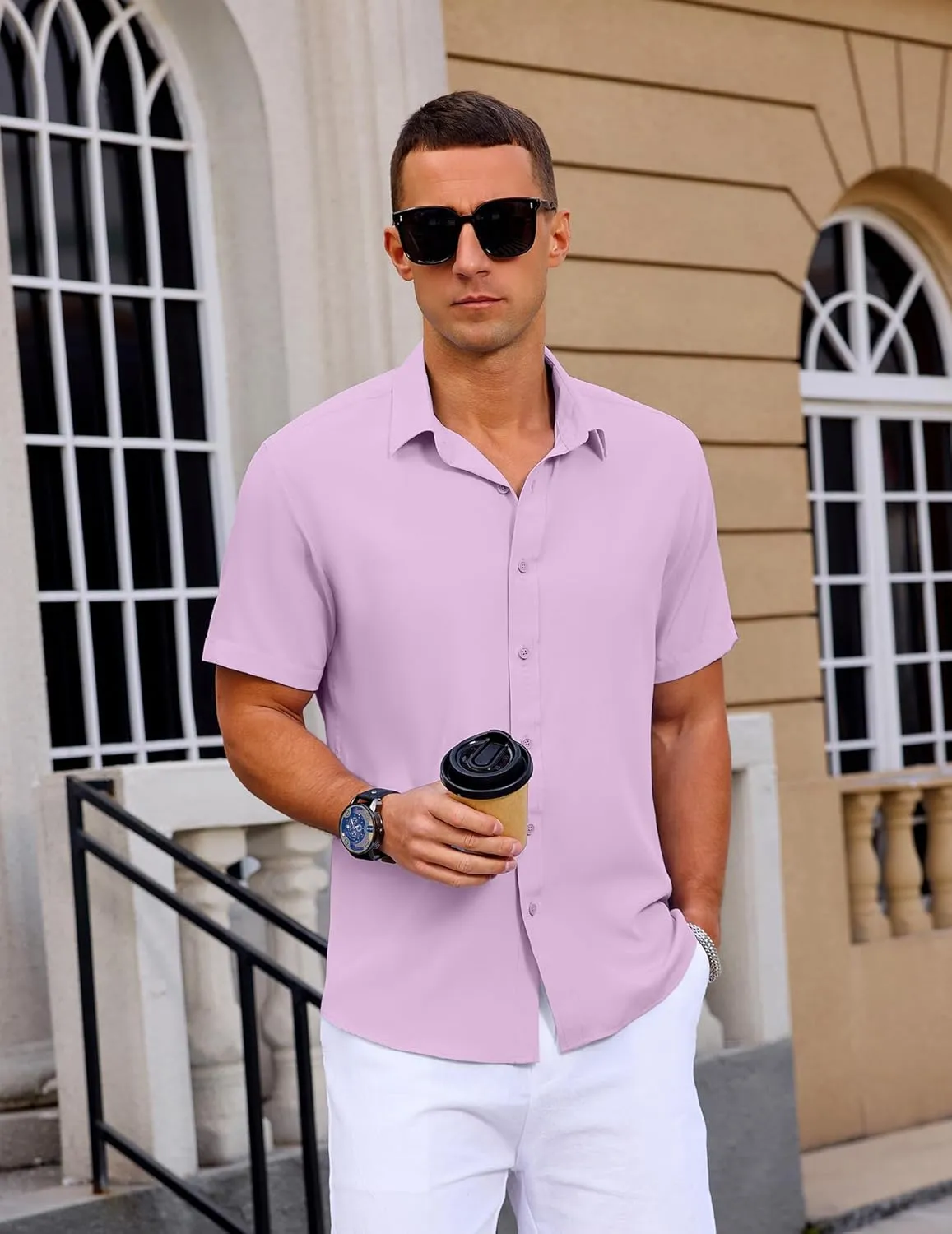 Mens Button Down Short Sleeve Shirt Casual Summer Wedding Untucked Dress Shirts
