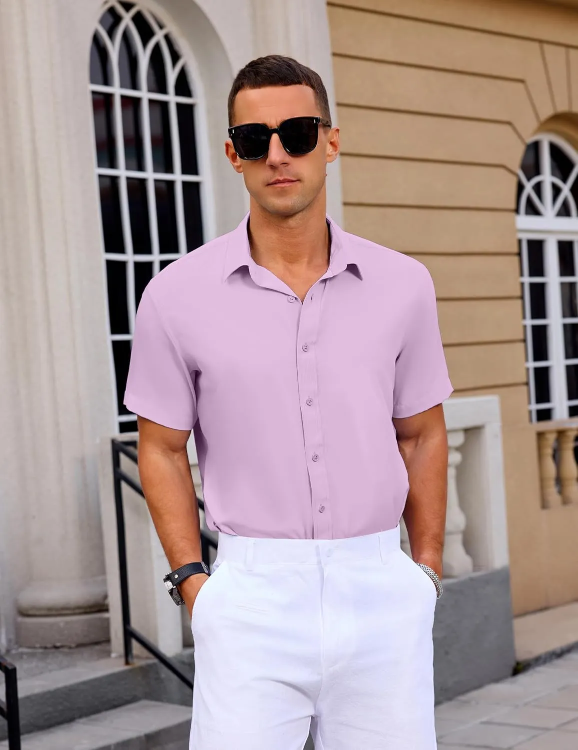 Mens Button Down Short Sleeve Shirt Casual Summer Wedding Untucked Dress Shirts