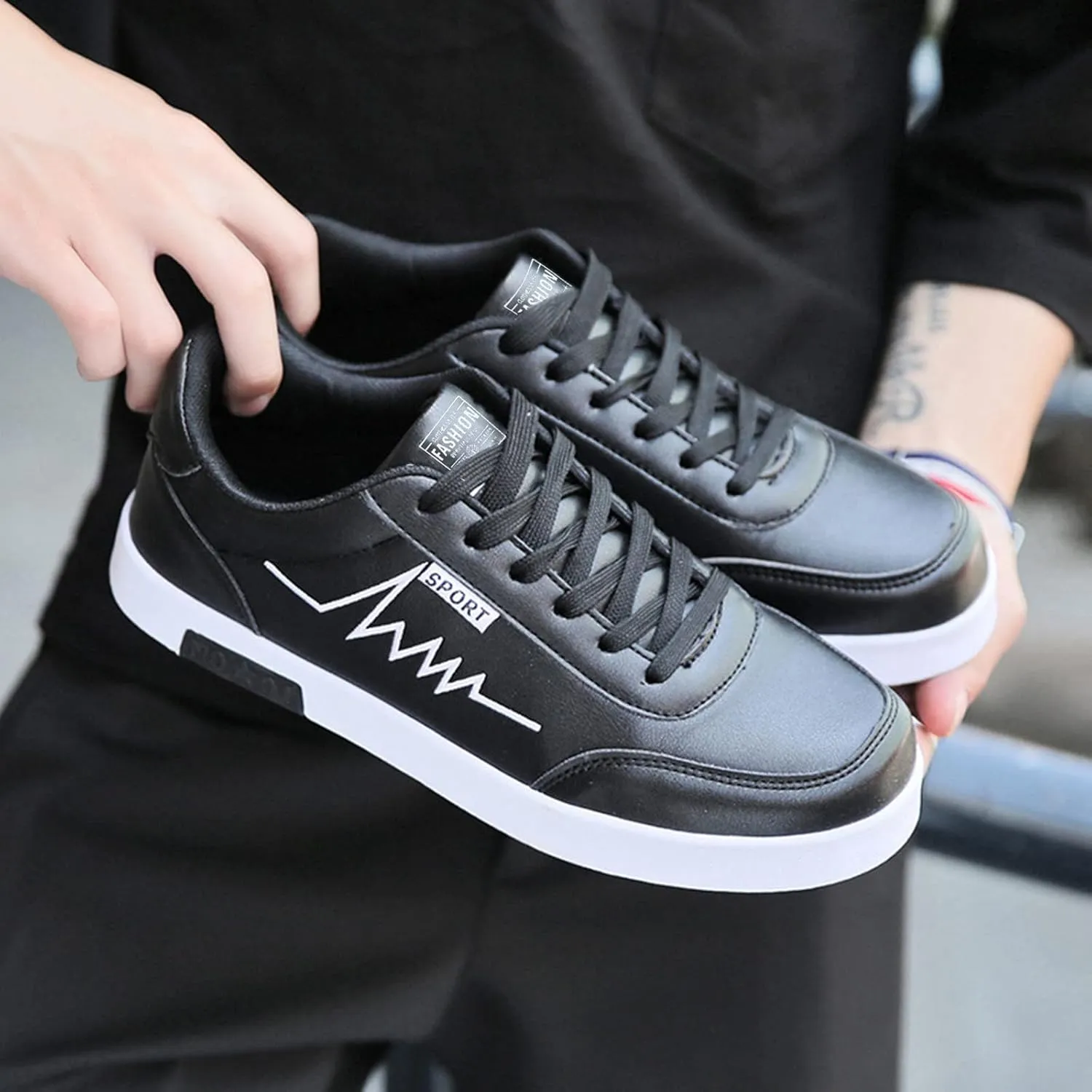 Mens Casual Walking Shoes with Simple Painting,Low Top Lace Up Waterproof Non-Slip Skate Shoes for Men Cool Boys,Comfy Flat Sneakers for Daily Walking Standing Work Footwear