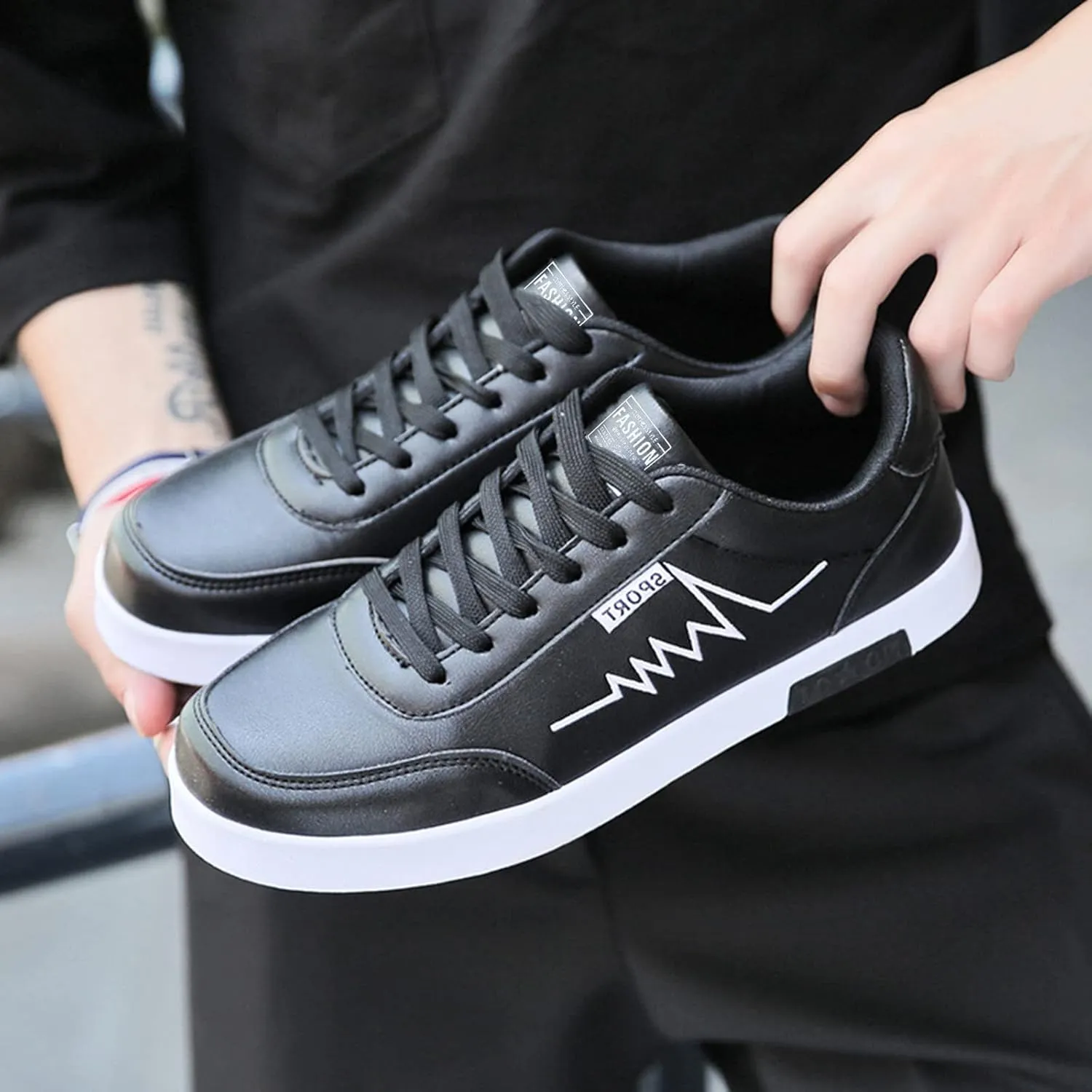 Mens Casual Walking Shoes with Simple Painting,Low Top Lace Up Waterproof Non-Slip Skate Shoes for Men Cool Boys,Comfy Flat Sneakers for Daily Walking Standing Work Footwear