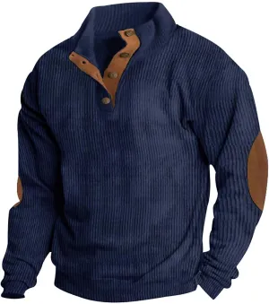 Mens Corduroy Shirts Casual Lapel Collar Button Up Pullover Mock Neck Long Sleeve Sweaters Casual Polo Sweatshirts
