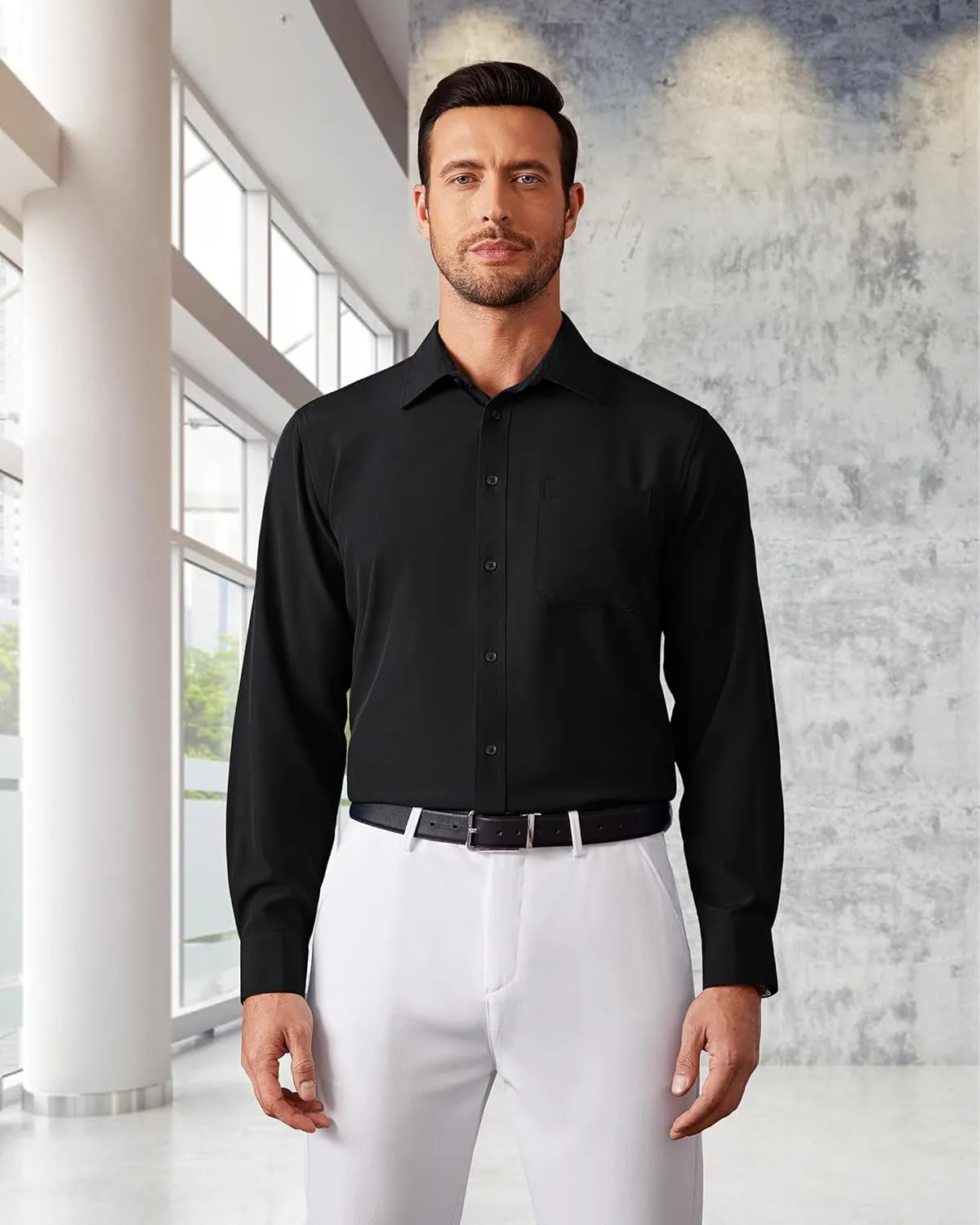 Men's Dress Shirts Long Sleeve Stretch Regular Fit Casual Formal Wedding Wrinkle Free Button Down Shirt with Pocket