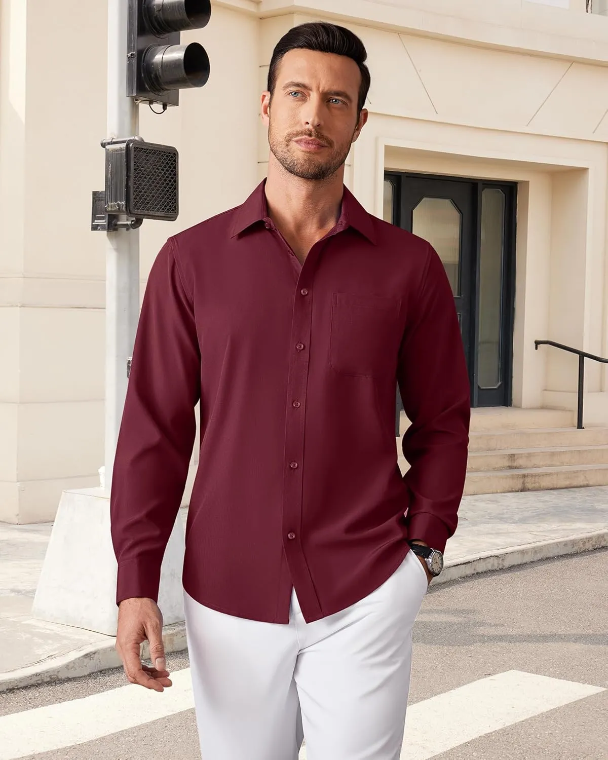 Men's Dress Shirts Long Sleeve Stretch Regular Fit Casual Formal Wedding Wrinkle Free Button Down Shirt with Pocket