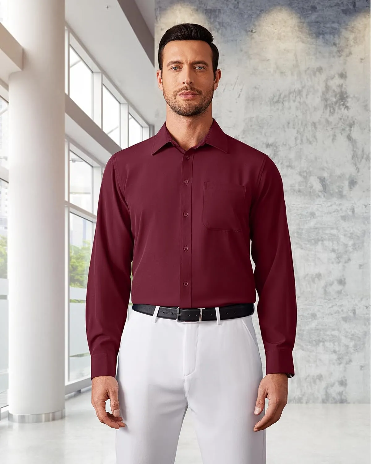 Men's Dress Shirts Long Sleeve Stretch Regular Fit Casual Formal Wedding Wrinkle Free Button Down Shirt with Pocket