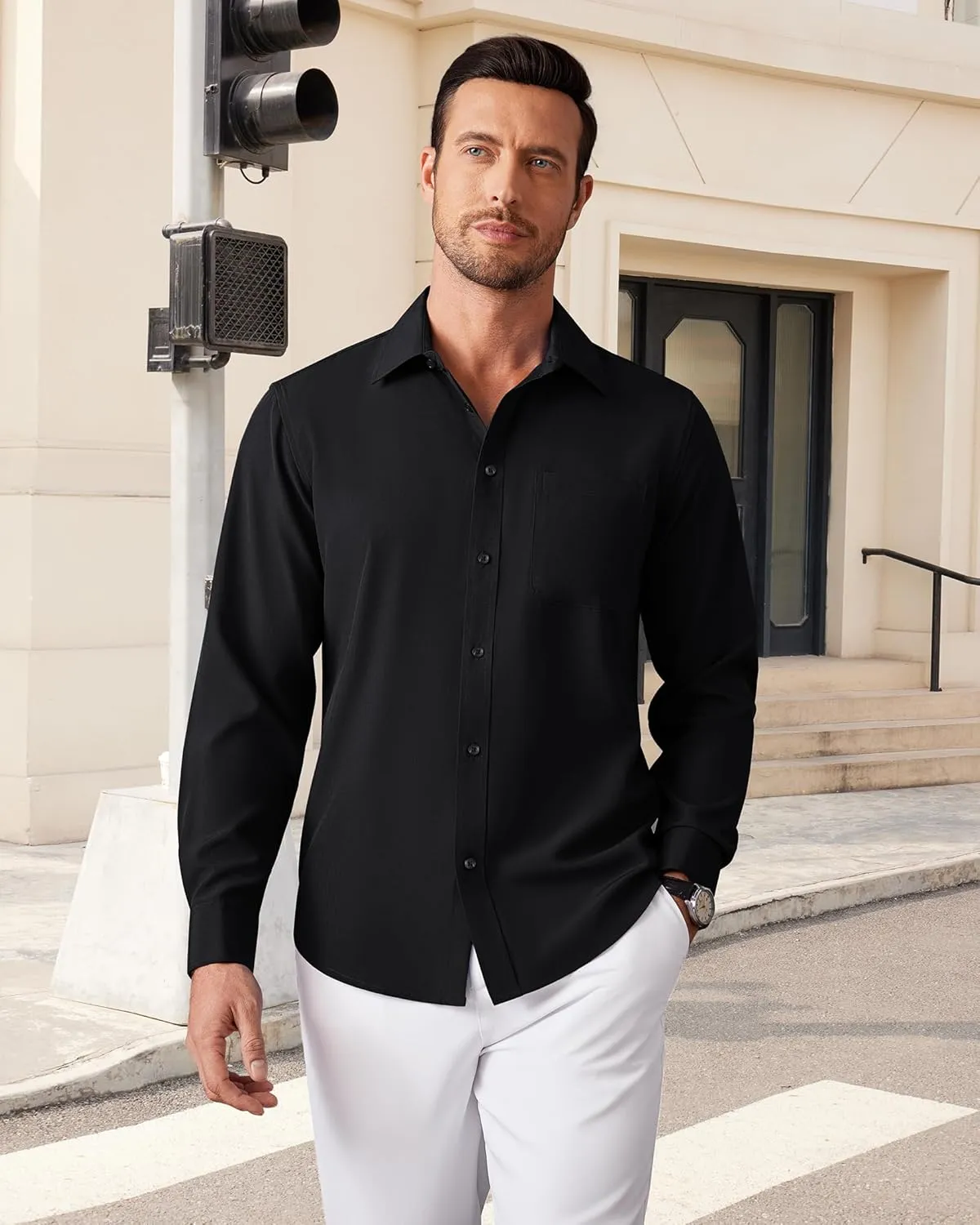 Men's Dress Shirts Long Sleeve Stretch Regular Fit Casual Formal Wedding Wrinkle Free Button Down Shirt with Pocket