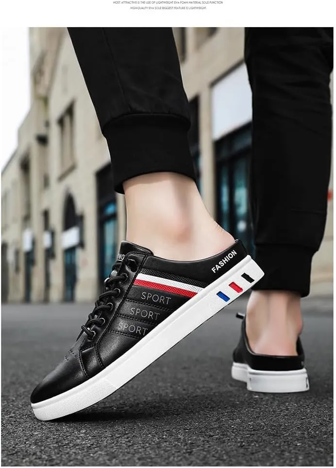 Men's Flat Mule Sneakers, Slip on Backless Casual Lazy Shoes, Half Closed Toe Breathable Walking Daily Footwear