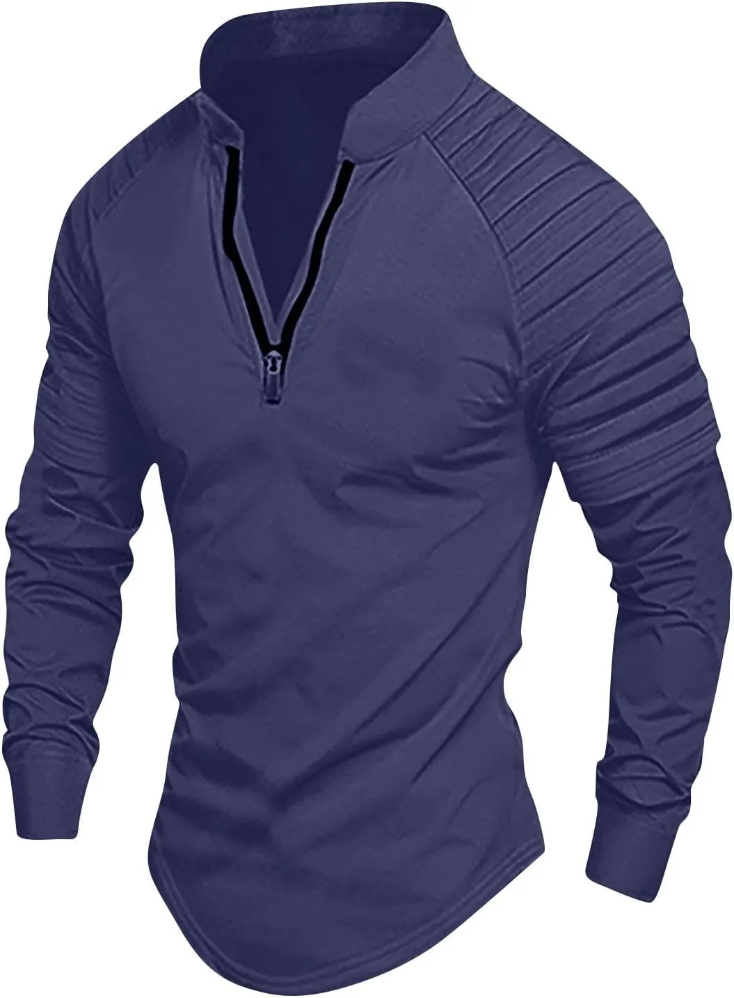 Men's Outdoor Shirts Stand Collar Long Sleeve Zip Shirts Muscle Fit Quick-Dry Stretch Tops Casual Sports Gym T-Shirt