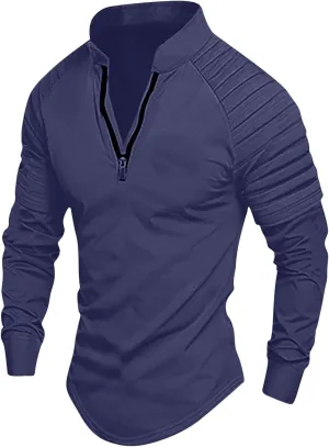 Men's Outdoor Shirts Stand Collar Long Sleeve Zip Shirts Muscle Fit Quick-Dry Stretch Tops Casual Sports Gym T-Shirt