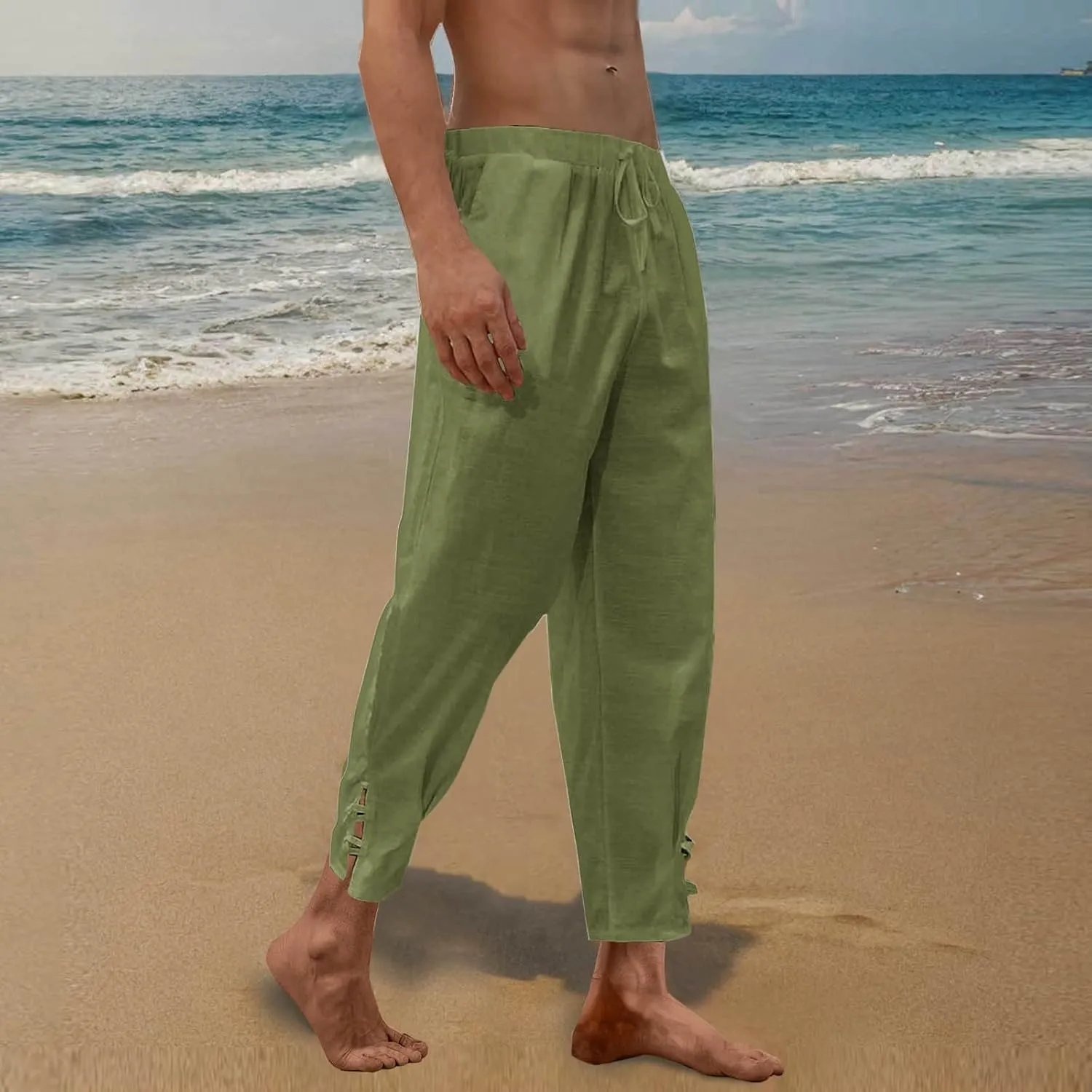 Men's Plus Size Casual Pants Drawstring Elastic Waist Straight Leg Trousers Summer Lightweight Beach Pant with Pockets