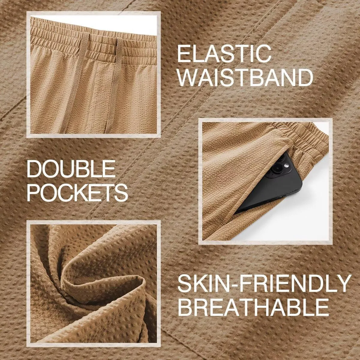 Mens Seersucker Shorts Casual Elastic Waist Drawstring Shorts Stretch Summer Beach Vacation Shorts with Pockets