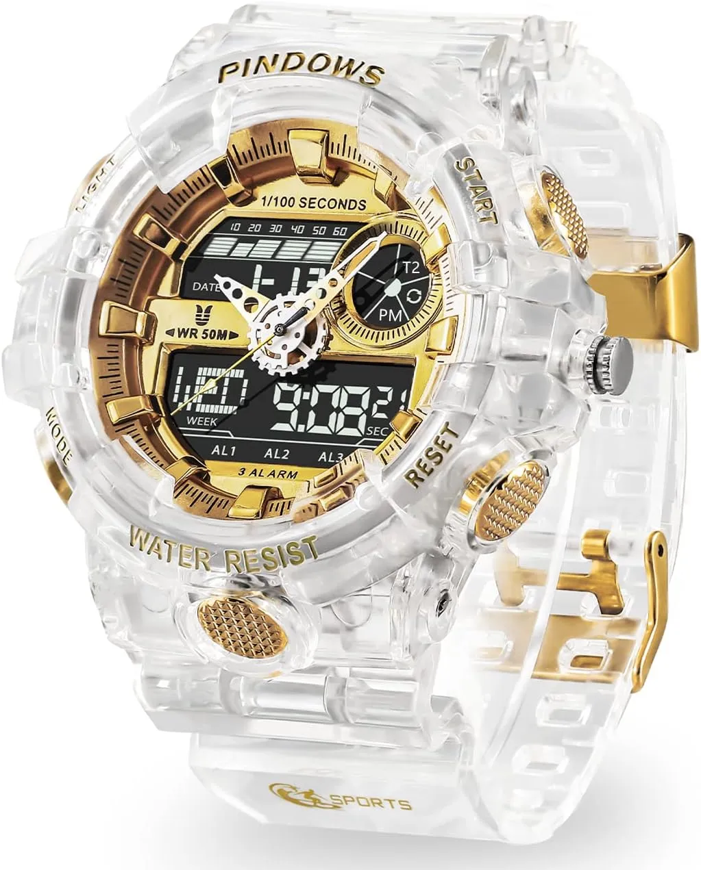 Mens Watch for Men Digital Sport Watch Transparent Gold Watches Waterproof Watches with 3 Alarms/Countdown/Stopwatch/Digital-Analog/Dual Time/Light/Military Multifunctional Wrist Watch
