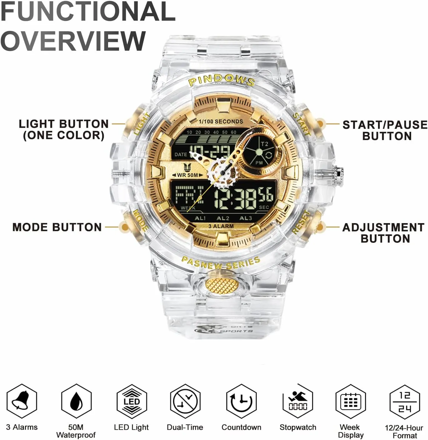 Mens Watch for Men Digital Sport Watch Transparent Gold Watches Waterproof Watches with 3 Alarms/Countdown/Stopwatch/Digital-Analog/Dual Time/Light/Military Multifunctional Wrist Watch
