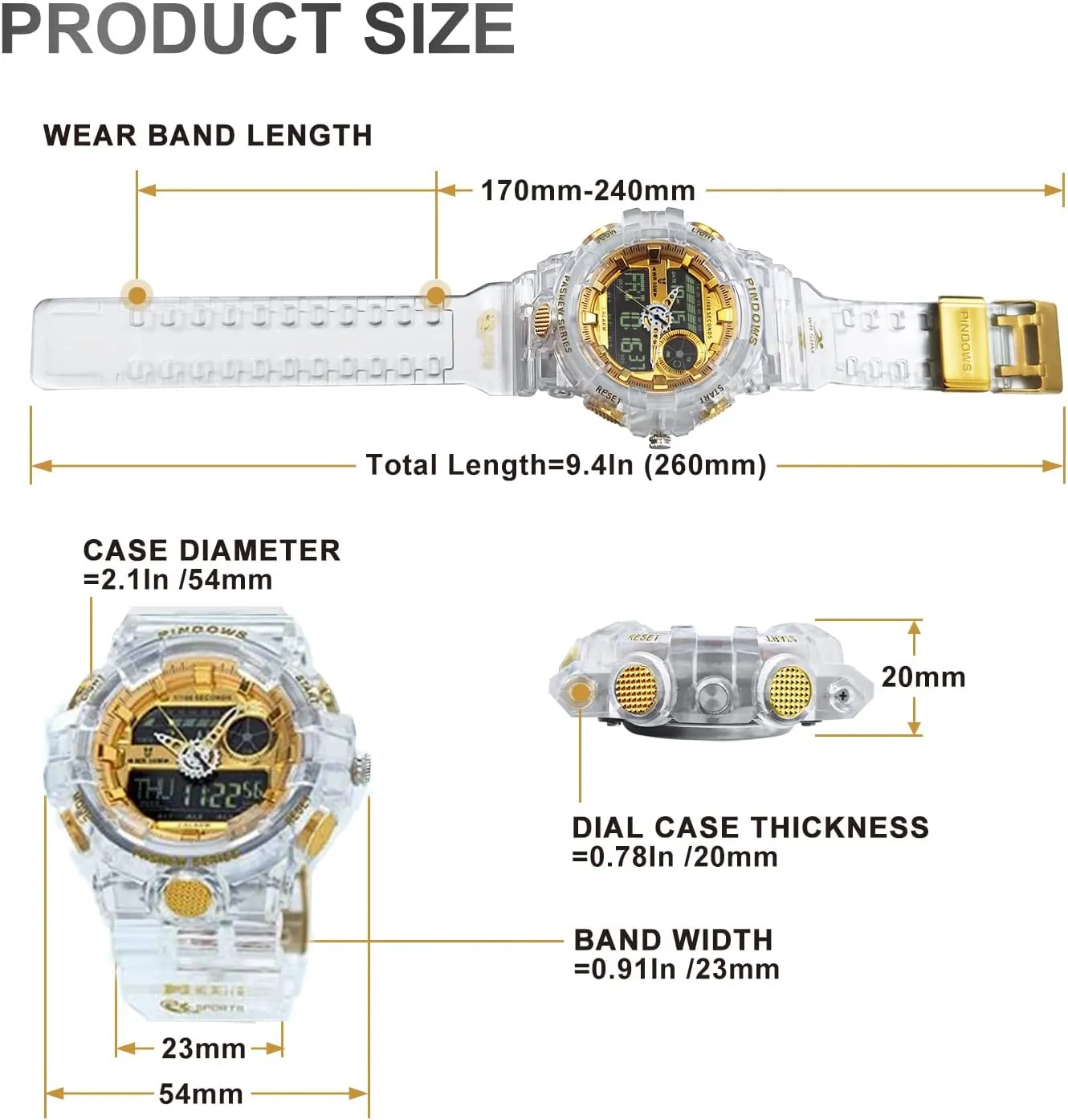 Mens Watch for Men Digital Sport Watch Transparent Gold Watches Waterproof Watches with 3 Alarms/Countdown/Stopwatch/Digital-Analog/Dual Time/Light/Military Multifunctional Wrist Watch