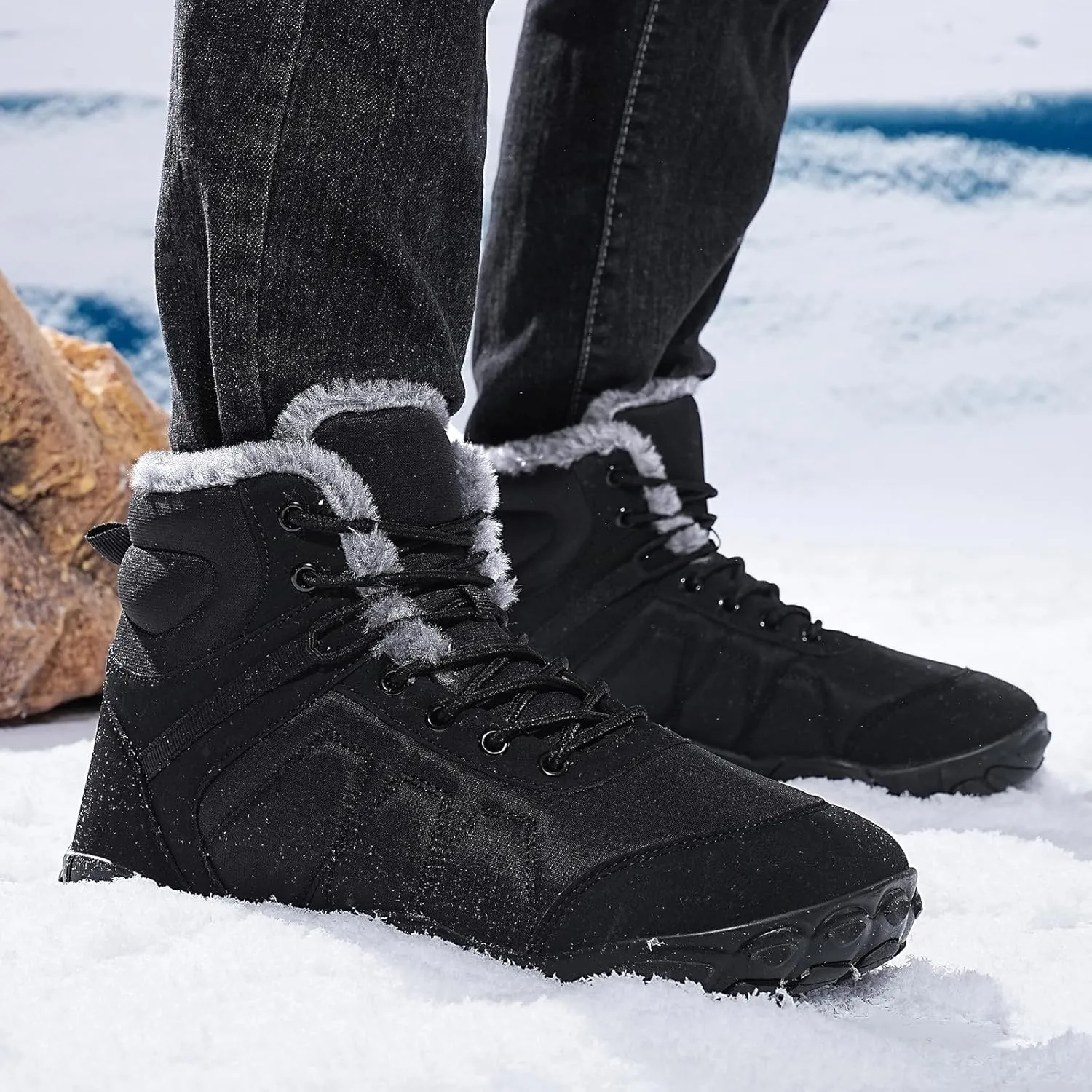 Mens Womens Snow Boots Winter Barefoot Shoes Warm Fur Lined Short Ankle Booties Outdoor Anti-Slip Wide Toe Box Walking Winter Shoes