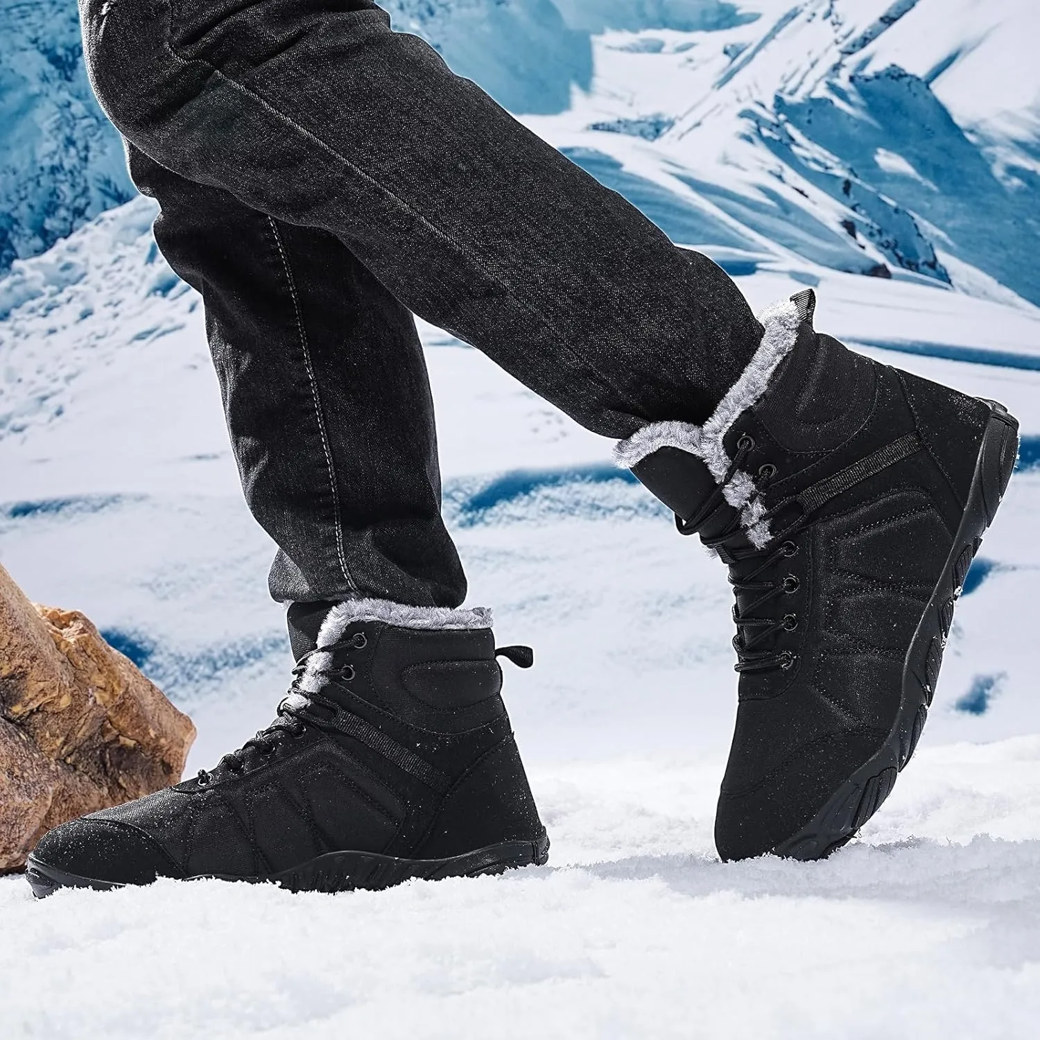 Mens Womens Snow Boots Winter Barefoot Shoes Warm Fur Lined Short Ankle Booties Outdoor Anti-Slip Wide Toe Box Walking Winter Shoes