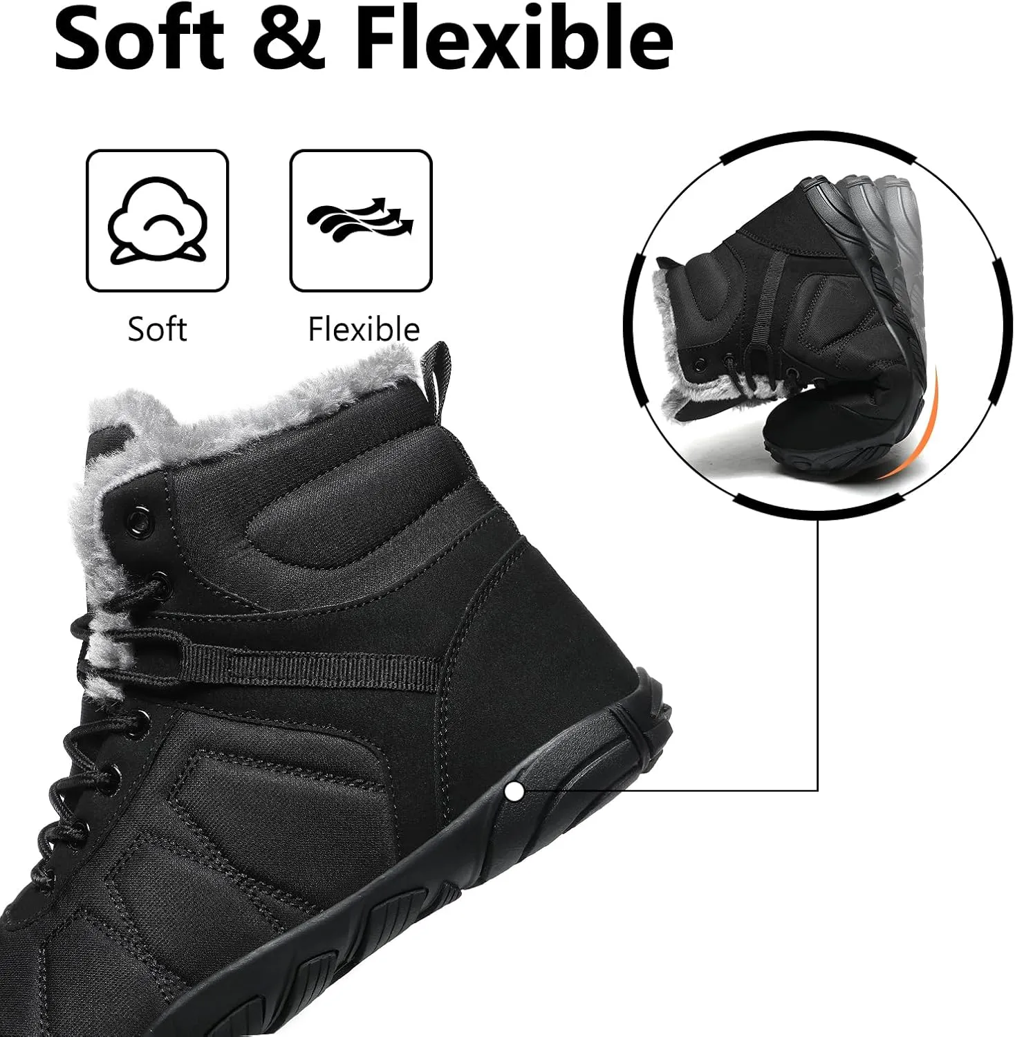Mens Womens Snow Boots Winter Barefoot Shoes Warm Fur Lined Short Ankle Booties Outdoor Anti-Slip Wide Toe Box Walking Winter Shoes