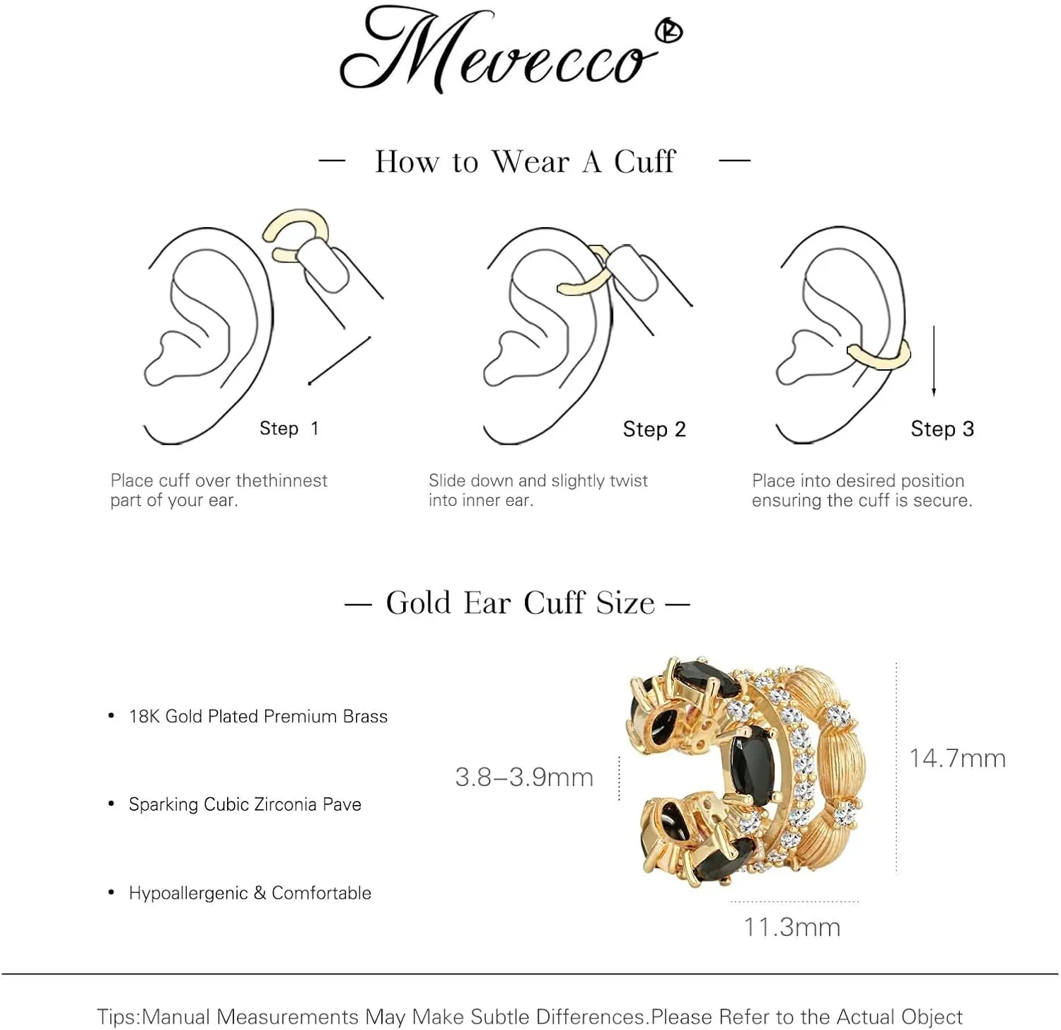 MEVECCO Ear Cuffs Non Piercing For Women 18K Gold Plated CZ Ear Cuff Earring Clip on Cartilage Fake Hoop Earrings Stack Jewelry Gifts