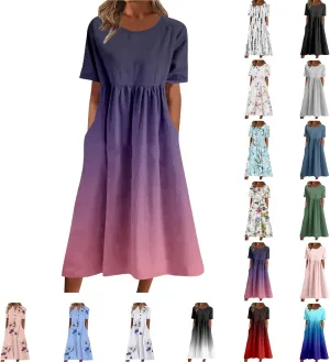 Midi Dresses for Women 2024 Casual Summer Fashion Short Sleeve T Shirts Dress Boho Beach Vacation Floral Print Cute Sundress