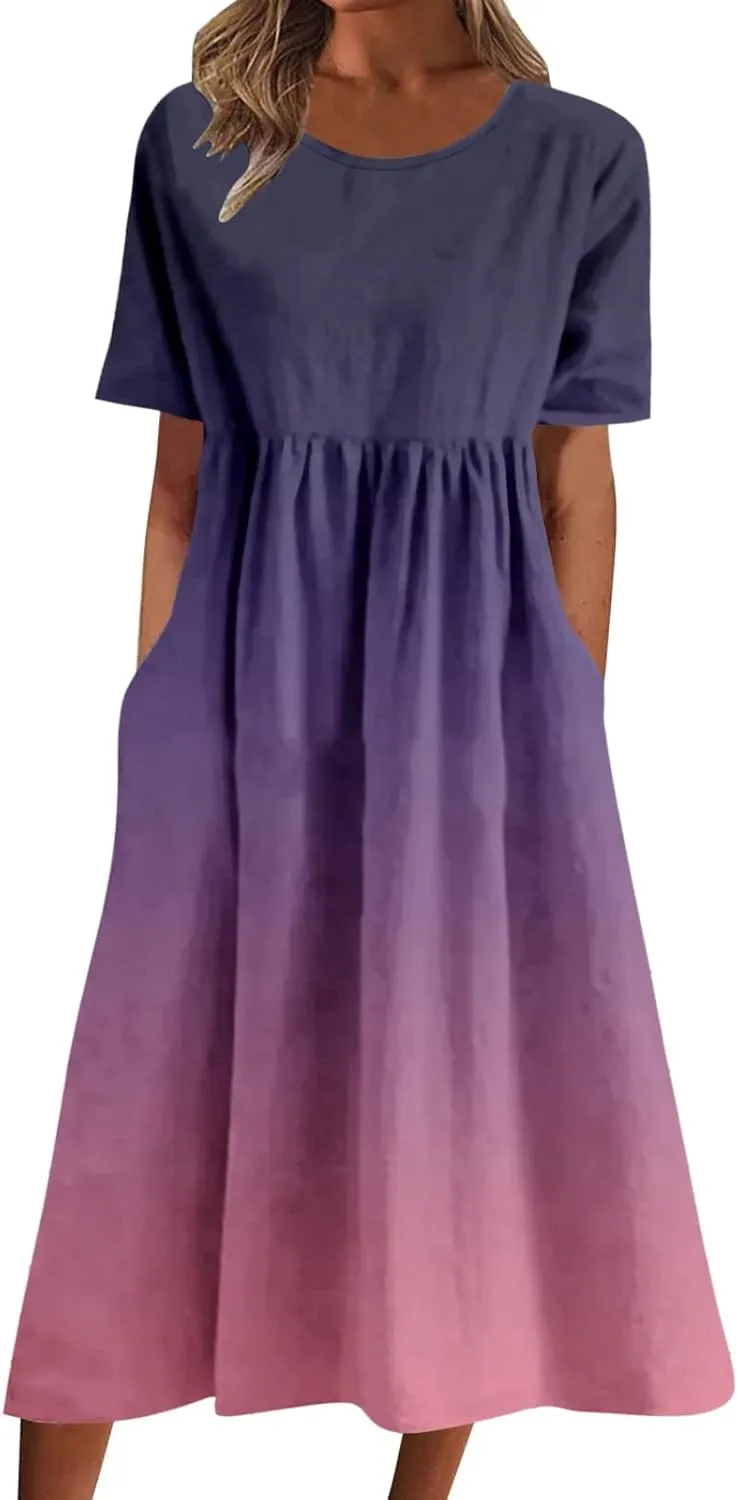 Midi Dresses for Women 2024 Casual Summer Fashion Short Sleeve T Shirts Dress Boho Beach Vacation Floral Print Cute Sundress