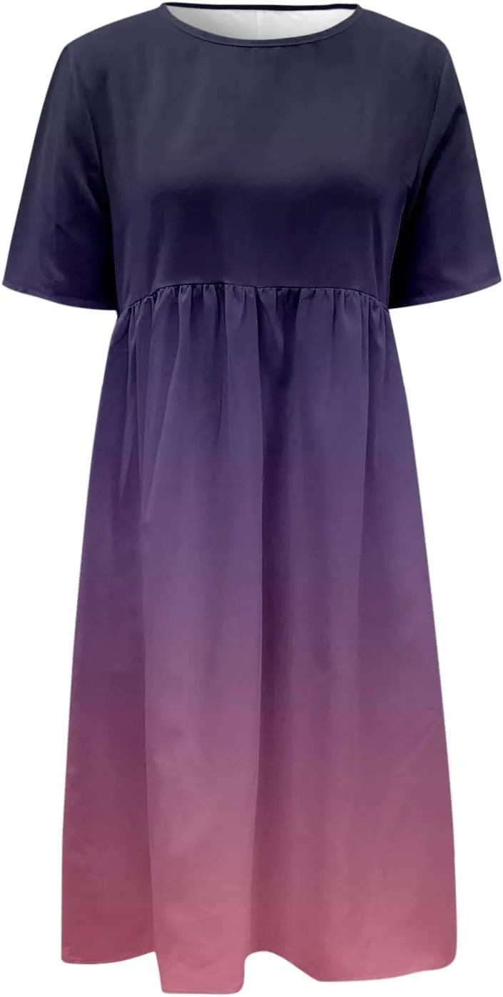 Midi Dresses for Women 2024 Casual Summer Fashion Short Sleeve T Shirts Dress Boho Beach Vacation Floral Print Cute Sundress
