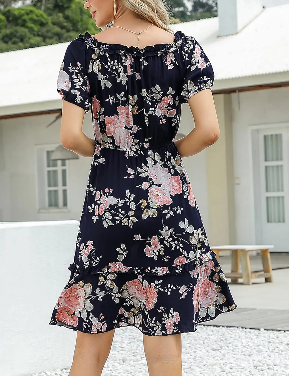 MISSKY Women's Off The Shoulder Dresses Ruffle Trim Neck Puffy Sleeve Boho Floral A-Line Fall Wedding Guest Party Dress