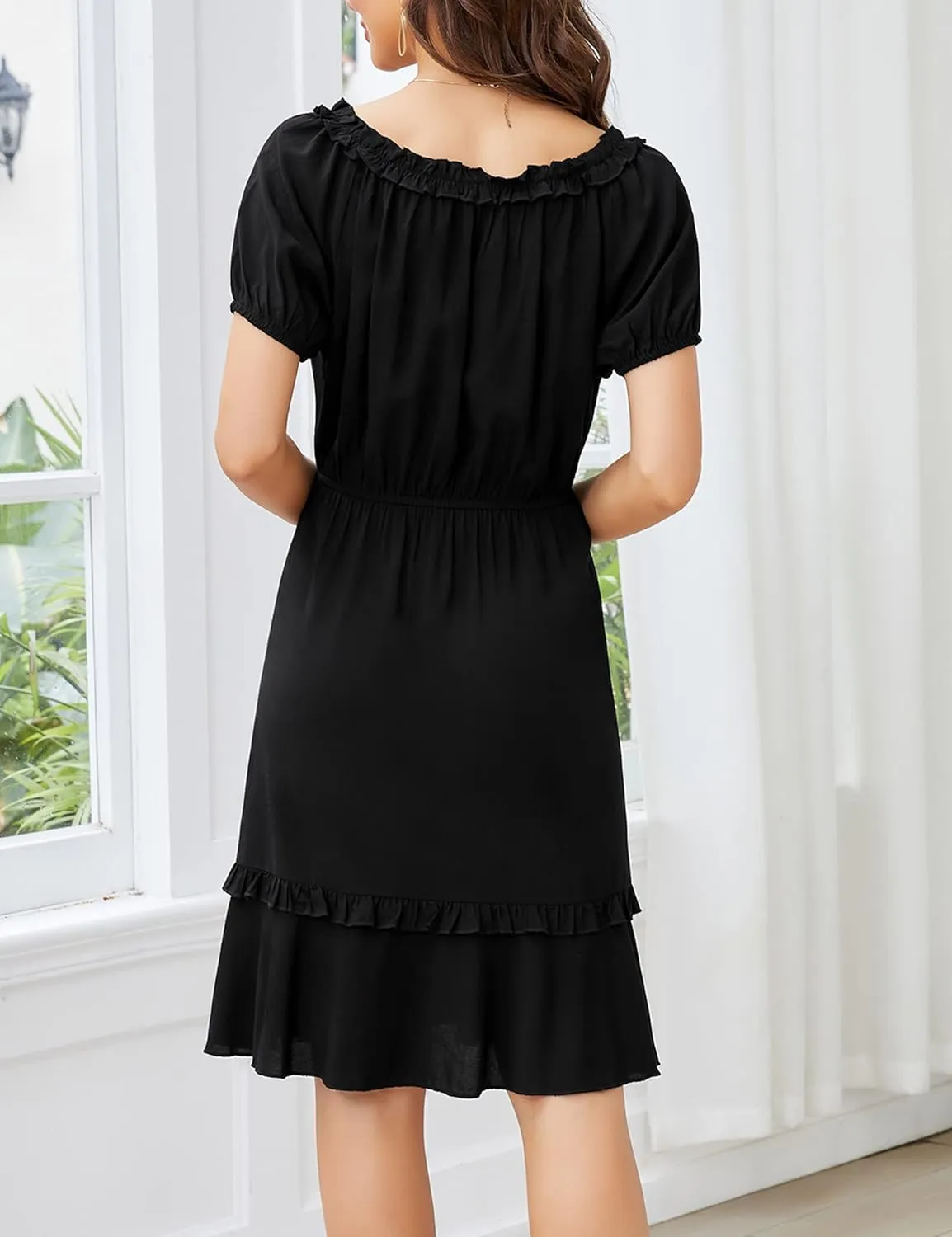 MISSKY Women's Off The Shoulder Dresses Ruffle Trim Neck Puffy Sleeve Boho Floral A-Line Fall Wedding Guest Party Dress