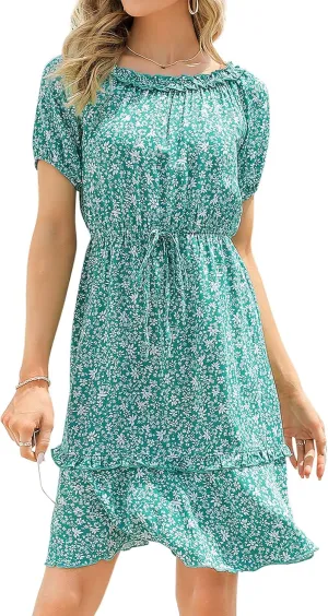 MISSKY Women's Off The Shoulder Dresses Ruffle Trim Neck Puffy Sleeve Boho Floral A-Line Fall Wedding Guest Party Dress