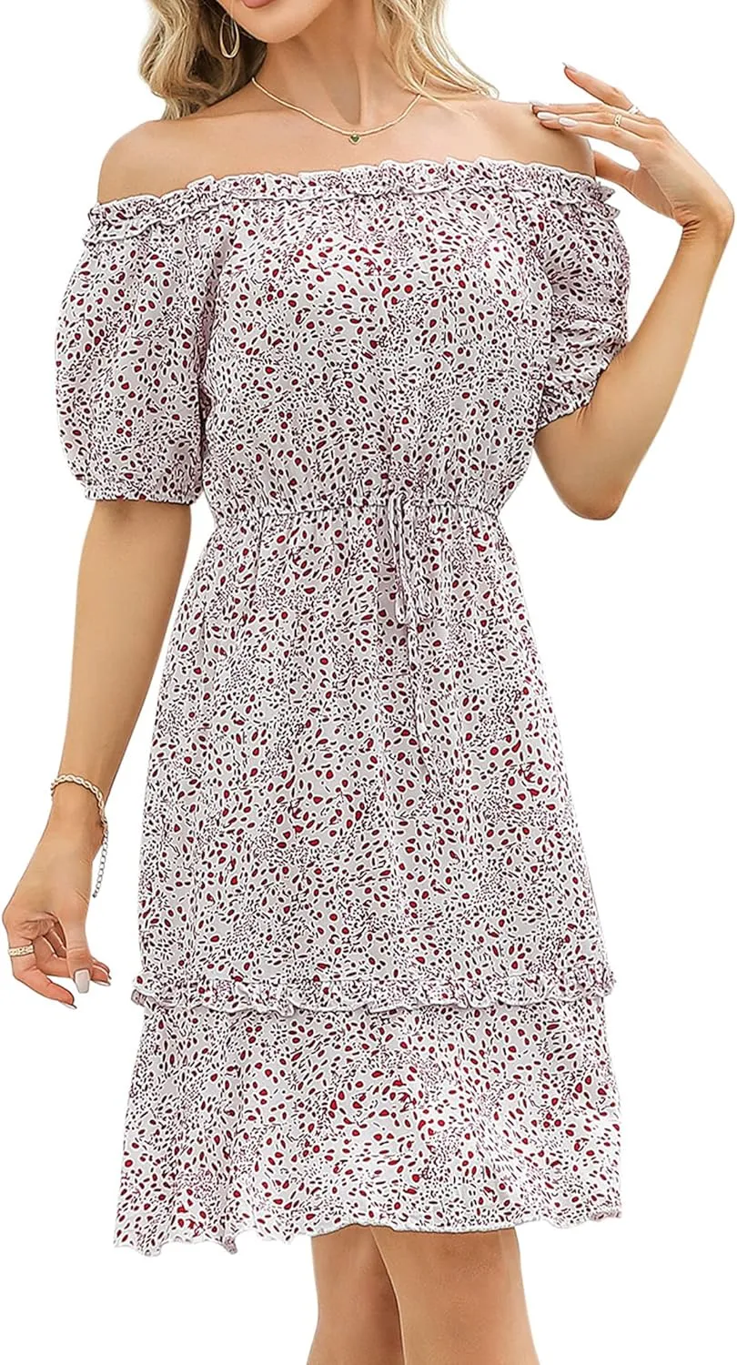 MISSKY Women's Off The Shoulder Dresses Ruffle Trim Neck Puffy Sleeve Boho Floral A-Line Fall Wedding Guest Party Dress