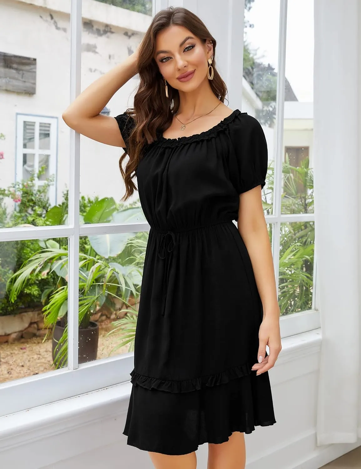 MISSKY Women's Off The Shoulder Dresses Ruffle Trim Neck Puffy Sleeve Boho Floral A-Line Fall Wedding Guest Party Dress